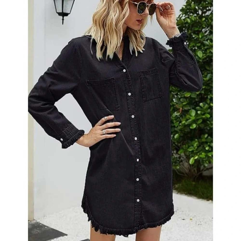 Zilcremo Black Denim Shirt Dress Long Sleeve Frayed Hem Button Down Large